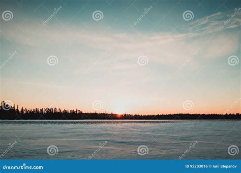 Beautiful Landscape Of Frozen Lake At Sunrise Stock Photo Image Of