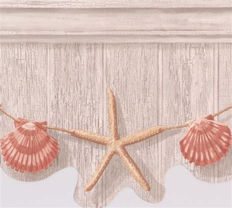 Wallpaper Border Beige Starfish Red Seashell Hanging On Light Grey