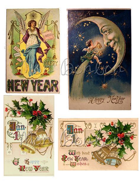 Vintage Victorian New Year Postcards Digital Collage Sheet Printables