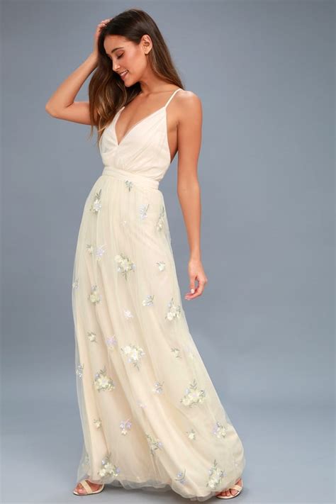 lovely tulle dress beige embroidered dress floral dress lulus