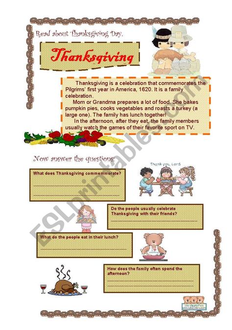 Thanksgiving Esl Worksheet By Cyssy