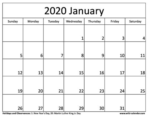 Free Printable January 2020 Calendar