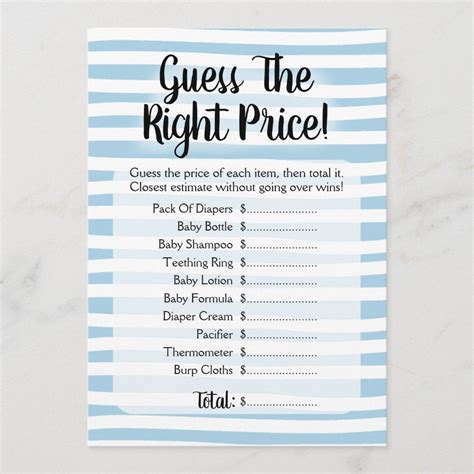 Guess The Price Baby Shower Game Blue White Invitation Size X Gender Unisex Age Group