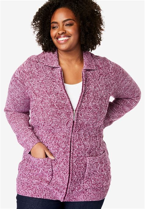 Marled Zip Front Cable Knit Cardigan Plus Size Tops Woman Within