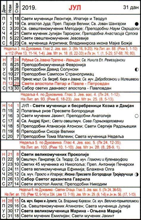 Crkveni kalendar je pravoslavni crkveni kalendar za prostu 2018, 2017, 2015. Pravoslavni crkveni kalendar za jul 2019