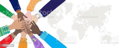 Diverse People Hands Round At World Map Stock Illustration Download