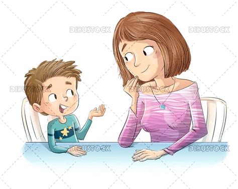 Madre E Hijo Hablando En La Mesa Ilustraciones De Cuentos Infantiles
