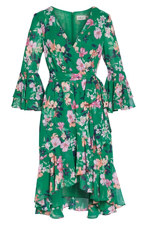 eliza j chiffon ruffle sleeve floral faux wrap dress in green lyst