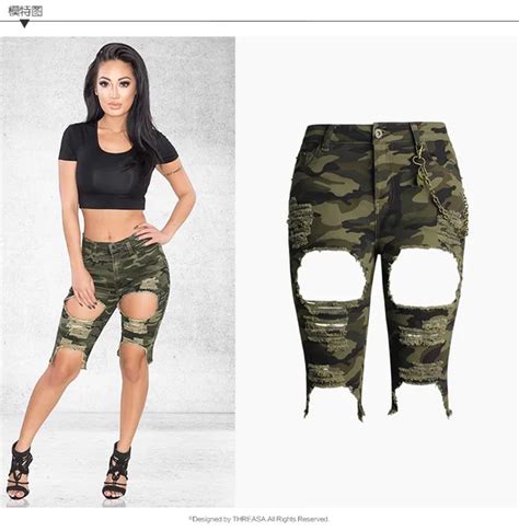 Womens High Waist Ripped Stretch Camouflage Shorts Military Summer Hole Female Short Plus