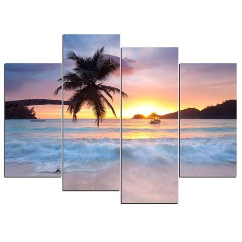 Tropical Ocean Beach Waves Palm Tree Sunset Sunrise Seascape Framed 4