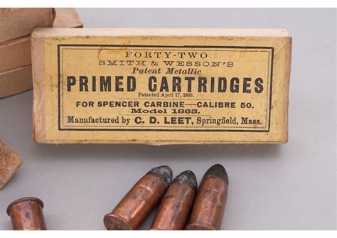 Antique Box Of 42 Metallic Cartridges For Spencer Carbine