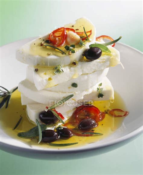 Marinated Feta Cheese With Olive Oil Chilli Peppers Olives And