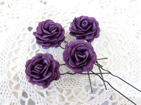 Purple Satin Rose Wedding Hair Pins Purple Bridal Hair Pins Etsy