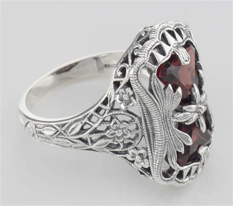 Antique Style Garnet Filigree Ring With Flower Design Sterling Silver
