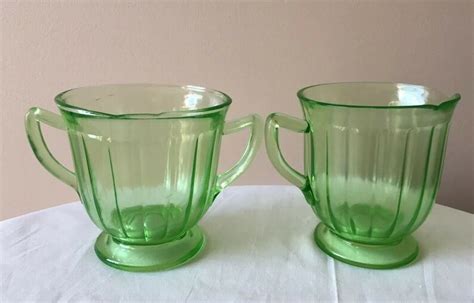 Vintage Green Depression Glass Creamer And Sugar Bowl Etsy