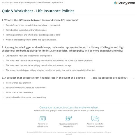 So how to you get through this? Quiz & Worksheet - Life Insurance Policies | Study.com