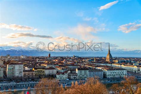 Turin Skyline At Dusk Torino Italy Panorama Cityscape With The