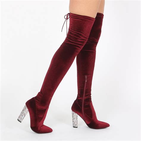 Public Desire Annie Velvet Over The Knee Boots In Bordeaux Glitter Heel
