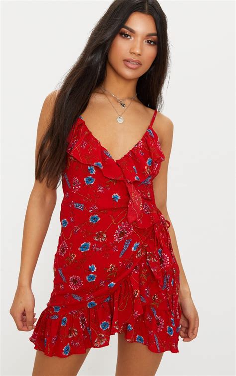 Red Floral Wrap Over Tea Dress Dresses Prettylittlething
