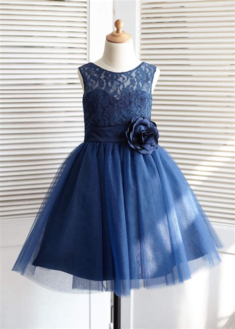 Navy Blue Lace Tulle Knee Length Flower Girl Dress