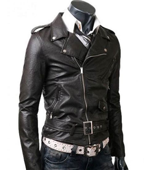 Mens Asymmetrical Zipper Biker Belted Black Slim Fit Jacket Jackets