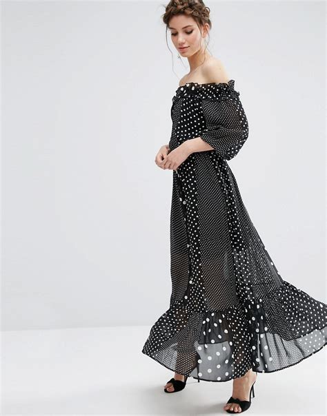 Asos Asos Off Shoulder Maxi Dress In Spot Print At Asos