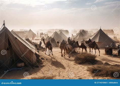 Nomadic Tribe Setting Up Camp In The Desert With Tents And Camels