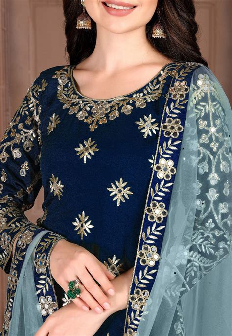 Buy Embroidered Art Silk Punjabi Suit In Navy Blue Online Kch5712