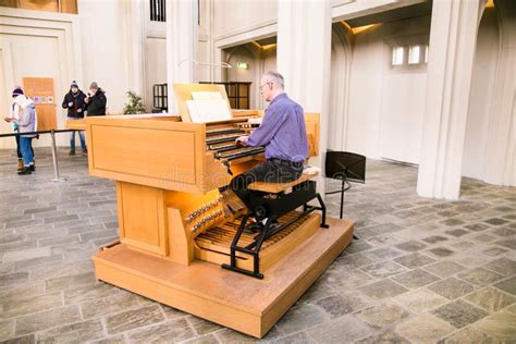 Musician Play Pipe Organ In Hallgrimskirkja Church Reykjavik Iceland