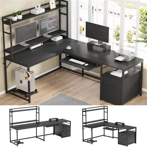 Buy Sedeta L Shaped Desk With Hutch Home Office Desk With File Drawers