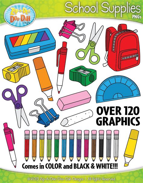 Basic School Supplies Clipart Set — Over 120 Graphics School