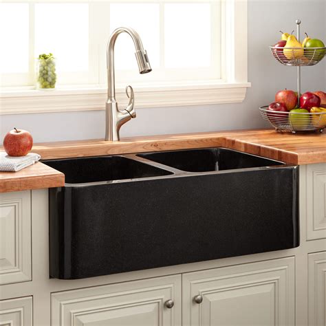 36 Polished Granite Double Bowl Farmhouse Sink Black Kitchen