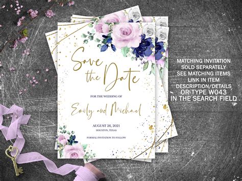 Lavender And Navy Blue Floral Wedding Invitation Set Editable Etsy