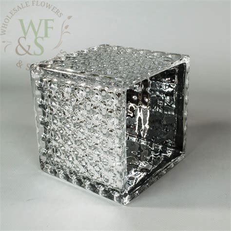 Square Silver Mirrored Glass Cube Vase Dimple Effect 5x5 Mirrored Glass Glass Cube Silver