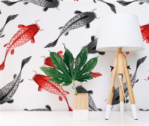 Black And Red Koi Fish Wallpaper Ink Hand Painted Koi Fish Etsy