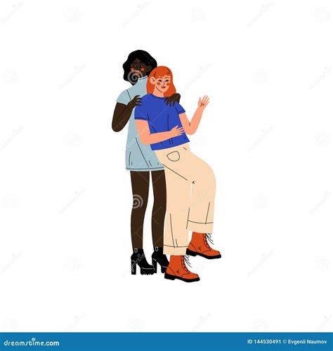 Interracial Lesbian Couple Two Happy Women Hugging Romantic