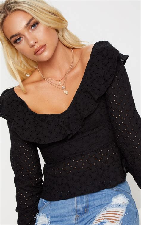 Black Broderie Anglaise Frill Detail Blouse Prettylittlething Aus