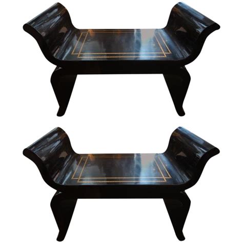 1960s Hollywood Regency James Mont Black Lacquered Benches ...