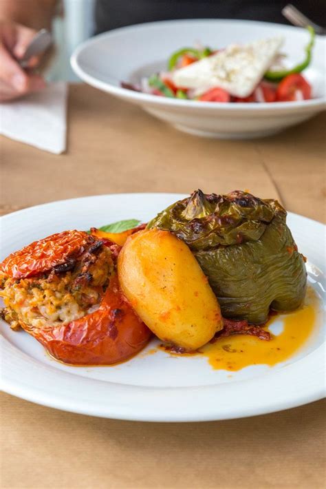 Greek Dish Called Gemista With Red And Green Stuffed Peppers Rice