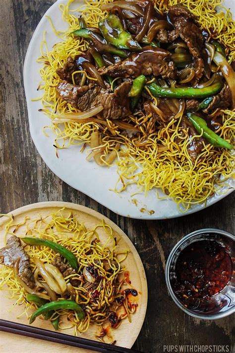 Sweet & sour chicken cantonese style. Crispy Cantonese Beef Chow Mein - Pups with Chopsticks