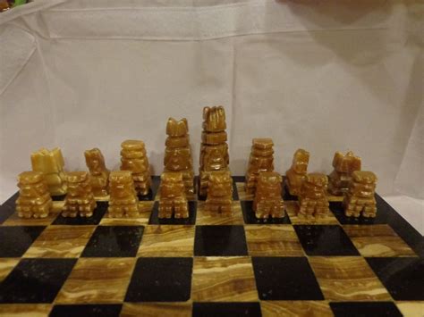 Vintage Hand Carved Marble And Onyx Chess Set Game Board And Pieces Made