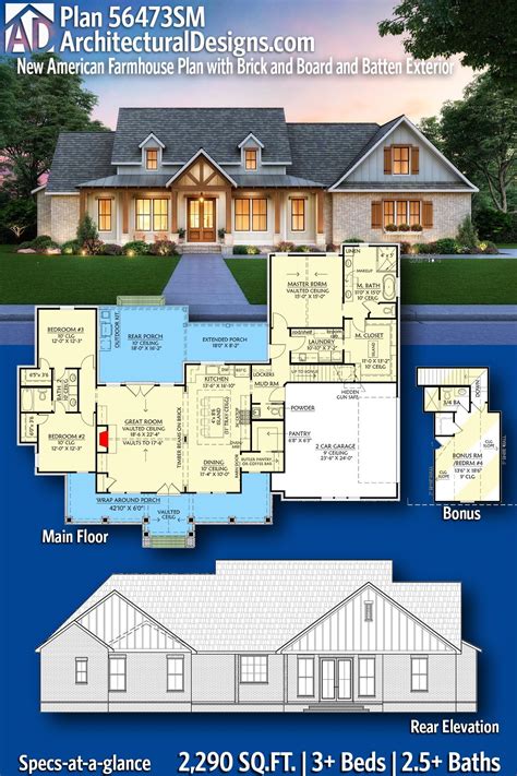 New American Farmhouse Plan With Brick And Board And Batten Exterior