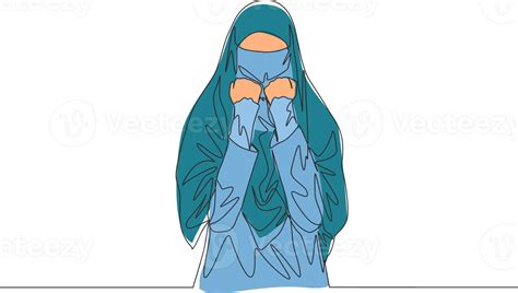 Single Continuous Line Drawing Of Young Attractive Middle East Muslimah Wearing Burqa With Head