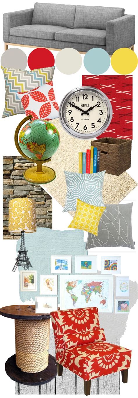 If you want to keep your living room color scheme generally quite neutral, then choosing a single larger piece of blue furniture to be the focal point of your space is a nice way to add interest and break up all those neutral tones. Grey, aqua, yellow, red living room moodboard | Home: Living Room | Pinterest | Red living rooms ...