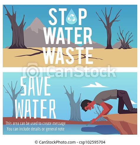 Water Scarcity Posters Set Thirsty Man In The Desert Drinks From Pond