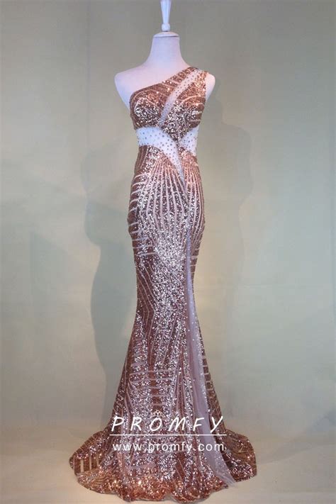 Sparkly Rose Gold Sequin With Beading And Mesh Cut Outs One Shoulder
