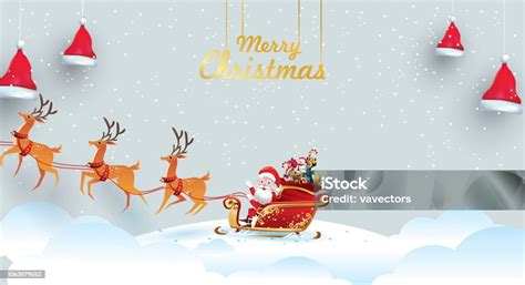 Merry Christmas And Happy New Yearsanta Claus Is Rides Reindeer Sleigh