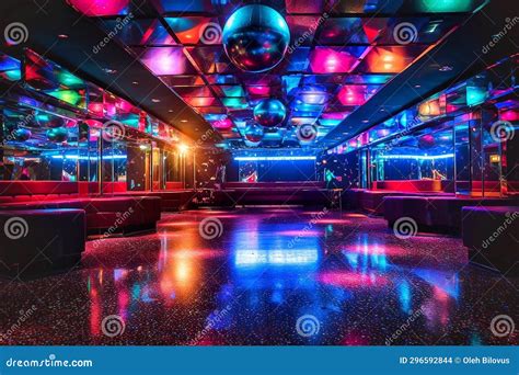 Night Club Interior With Neon Lights And Reflections On The Floor Stock