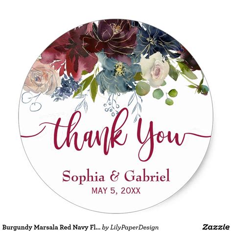 Burgundy Marsala Red Navy Floral Wedding Thank You Classic Round