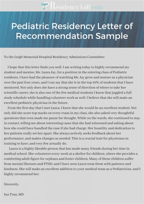Best Pediatric Residency Letter Of Recommendation Sample